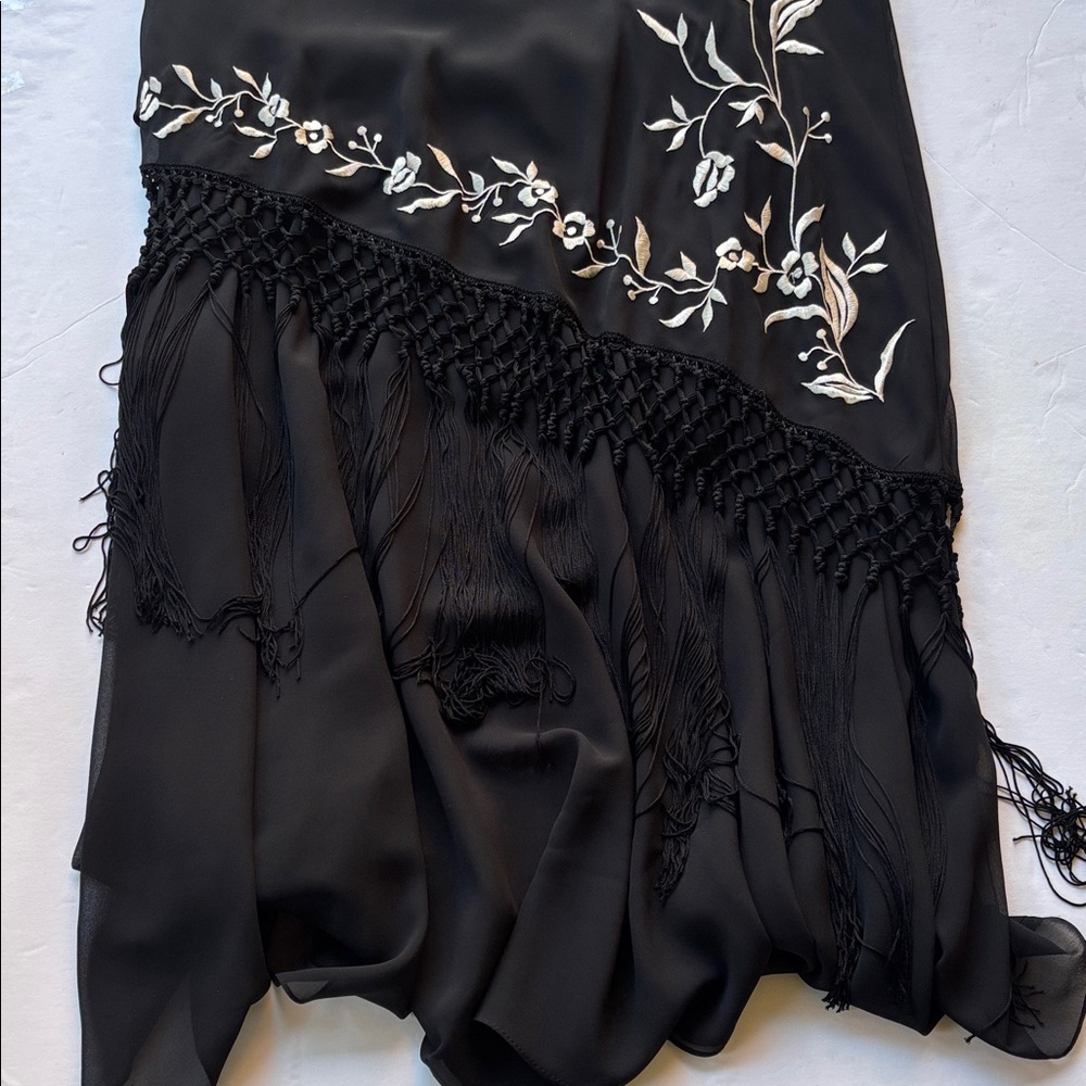 Vintage y2k Maxi Dress Long Dress Black Sue Wong Fringe Cowneck Embroidered - Picture 9 of 17